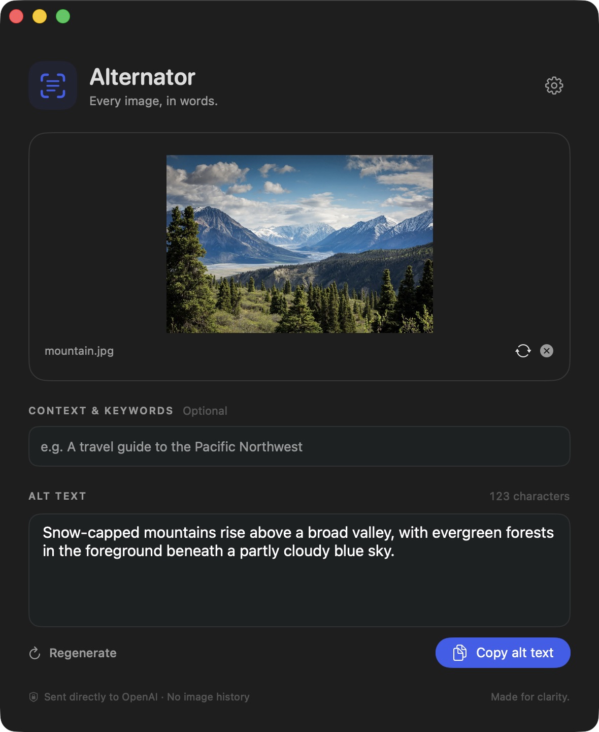 Alternator on macOS showing a mountain image and the generated, editable alt text.